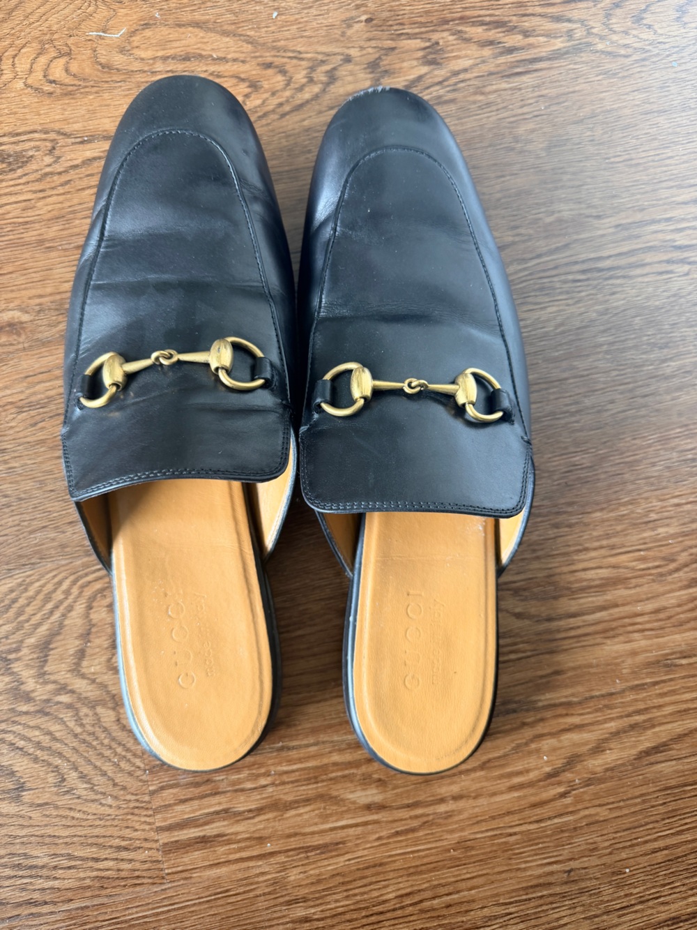 Gucci Black Leather Horsebit Mules with Gold Hardware